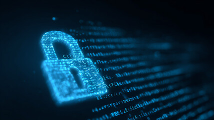 Digital padlock amid flowing binary code illustrates cybersecurity and data protection in a technology-focused environment.