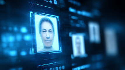 Digital portraits displayed on a futuristic interface showcasing identity recognition and advanced technology.