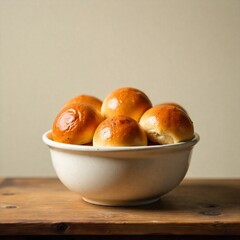 Fresh bread in basket on wooden table, plain background.