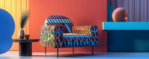Obraz premium An artistic abstract composition featuring a patterned armchair and decor