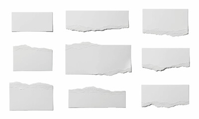 Collection of torn white paper scraps on white background