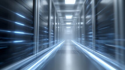 Futuristic corridor in a data center with glowing lights, showcasing advanced infrastructure and technological innovation.