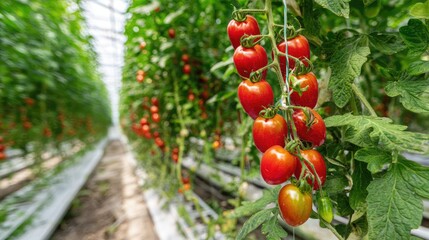 Tomato plant in a greenhouse with rows of plants and hanging fruit, surrounded by humidity
