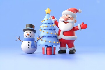 Cartoon santa claus, snowman and christmas tree on a blue background