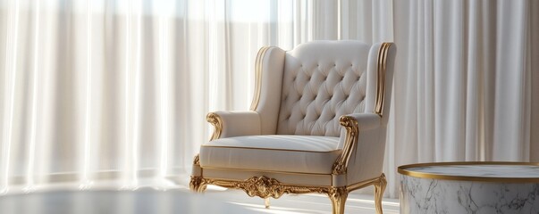 A luxurious ivory armchair with gilded details sits by a window