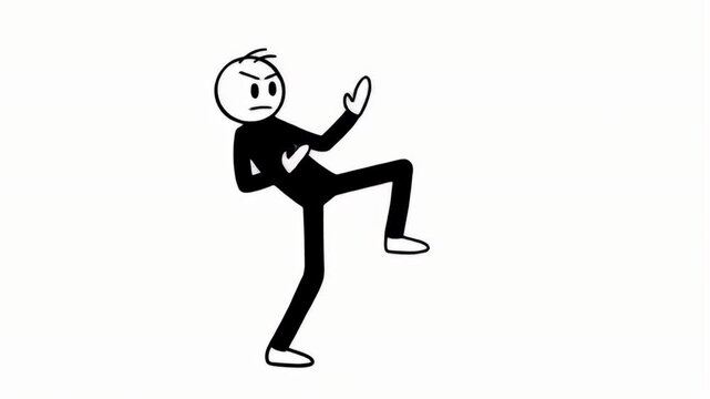 Animated Stick Figure in Fighting Stance with Raised Leg on White Background Demonstrating Self-Defense Techniques and Martial Arts Training