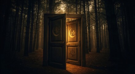 Obraz premium Mysterious open door in a dark forest at night. A glowing portal and fantasy gateway with a crescent moon symbol leading to the unknown.