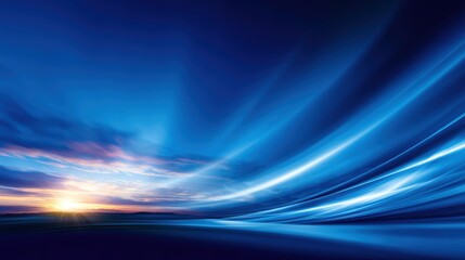 Vibrant sunset over a tranquil landscape with dynamic cloud formations and flowing light patterns