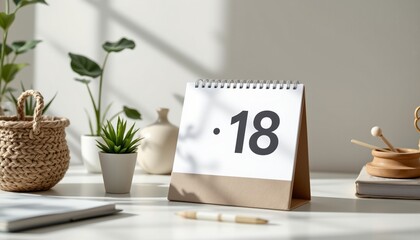 minimal desk calendar mockup with green plant, daylight