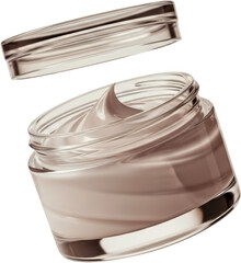 Obraz premium A glass jar of cream with its lid slightly lifted showing the smooth texture and shine of the cosmetic product transparent background