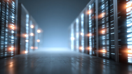 Fototapeta premium Modern data center with illuminated server racks showcasing advanced technology and efficient design for digital infrastructure.