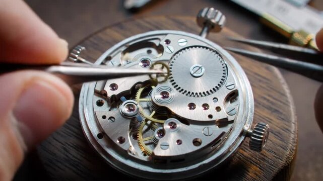 A skilled watchmaker meticulously repairing the intricate mechanism of a mechanical timepiece, focusing on the delicate gears and cogs with precision tools.
