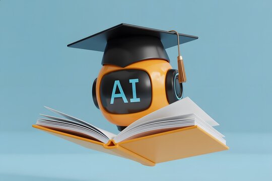 AI robot graduate with mortarboard hat and open book on blue background concept