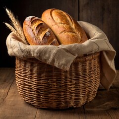 Fresh bread in basket on wooden table, plain background.