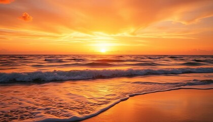 Golden sunset paints sky above tranquil beach, waves gently lapping shore, sunset, summer