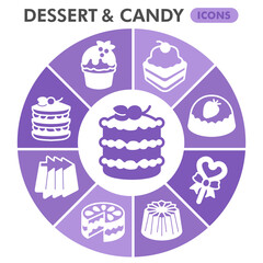 Dessert and candy symbols collection or sketches, sweets theme bubble with glyph style signs for web and app. Vector graphics isolated on white background.