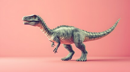 Fototapeta premium 3D render of a realistic, green Velociraptor stands on a pink background.