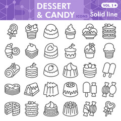 Dessert and candy symbols collection or sketches, sweets theme bubble with line style signs for web and app. Vector graphics isolated on white background.