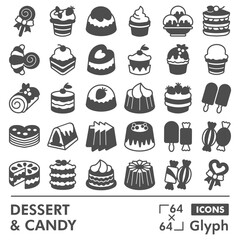 Dessert and candy symbols collection or sketches, sweets theme bubble with glyph style signs for web and app. Vector graphics isolated on white background.