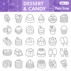 Dessert and candy symbols collection or sketches, sweets theme bubble with thin line style signs for web and app. Vector graphics isolated on white background.