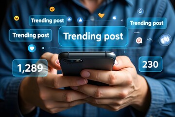 Person using smartphone, engaging with trending social media posts. Likes, shares, and comments.