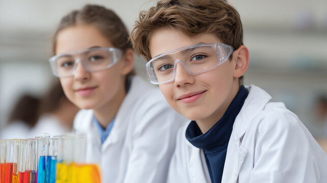Two young scientists smile while conducting experiments with test tubes in a bright laboratory environment.