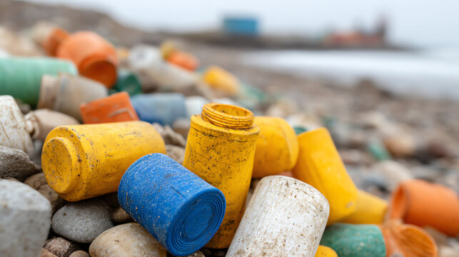 Vibrant plastic bottle caps scattered along a rocky shoreline, highlighting environmental pollution and waste management issues.