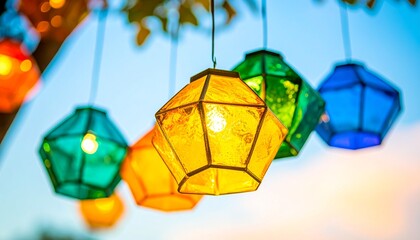 Colorful geometric paper lanterns hang from a tree, glowing with light against a bright sky.