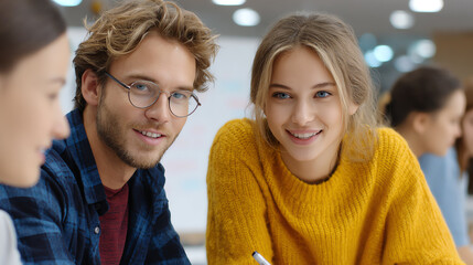 Obraz premium Young adults collaborating in a modern workspace, sharing ideas and smiles as they work together on a project.