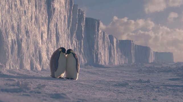 A pair of penguins preening each other against a backdrop of frozen cliffs