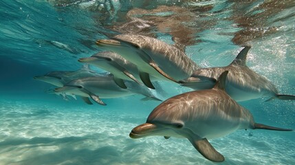 Fototapeta premium A pod of dolphins swims together in unison through crystal-clear turquoise waters