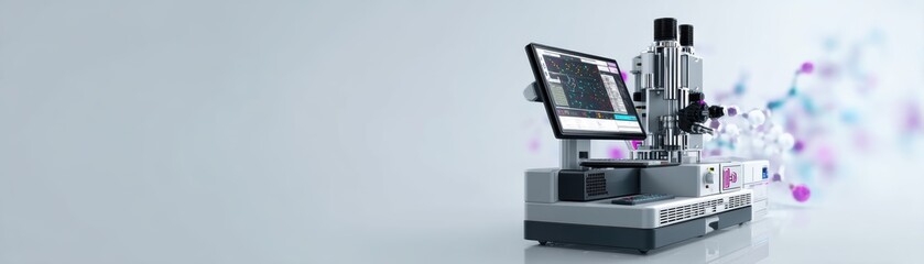 A high-tech laboratory device with a touchscreen interface, designed for scientific analysis, set against a soft gradient background