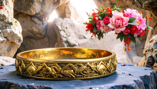 Golden bowl, floral arrangement, cave setting