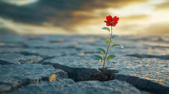 Young sprout growing from a fracture in grey concrete ground, representing hope, strength, perseverance, and nature&rsquo;s ability to reclaim and heal damaged human-made landscapes