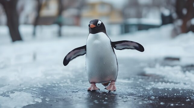 3D render of a penguin standing in a snowy urban environment, displaying a comical pose.