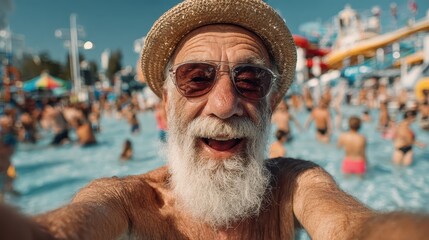 A smiling senior man takes a selfie in a pool at a water park. It shows active seniors enjoying life, promoting adventure and vitality.