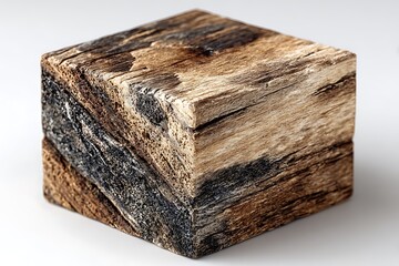 Weathered wood cube with textured layers natural