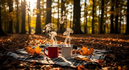 Couple enjoying hot drinks in autumn forest during golden hour