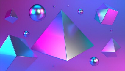 Abstract 3D render featuring geometric shapes like pyramids, cubes, spheres, and octahedrons floating in a vibrant purple and blue gradient space.