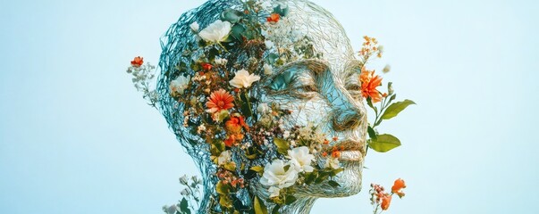 An abstract human head sculpture decorated with various colorful flowers