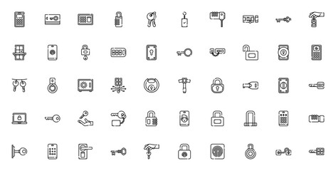 Keys and Locks icon set. Security vector collection. Includes password, key card, fingerprint scanner, padlock, safe box, door knob, retinal scanner and more. Editable thin line icons.