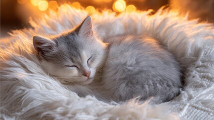 Fluffy kitten curled up in a ball, sleeping peacefully on a soft white blanket with warm lighting