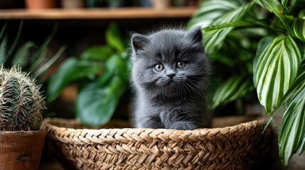 Fluffy kitten exploring a woven basket surrounded by houseplants