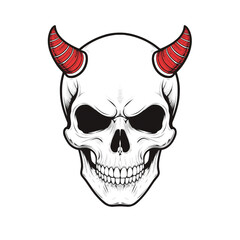 Dark gothic skull with fiery red devil horns isolated on transparent background