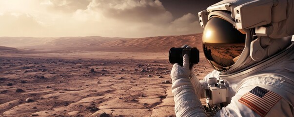 An astronaut is taking photographs on a barren and desolate planet