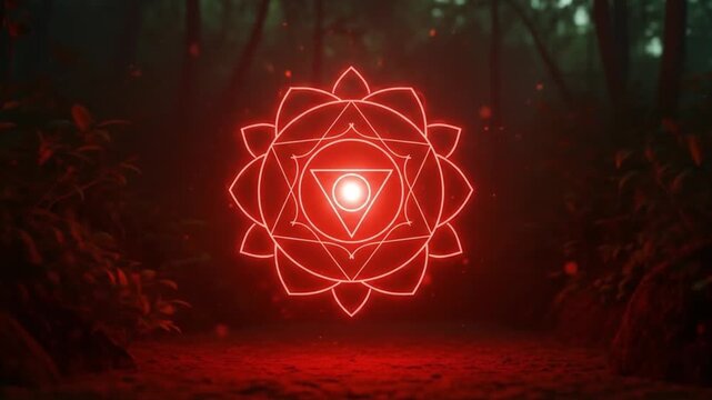 Glowing red muladhara chakra symbol in dark forest. Suitable for meditation, spiritual concept designs, yoga blogs, and wellness products.
