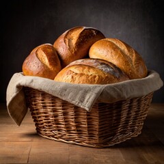 Fresh bread in basket on wooden table, plain background.