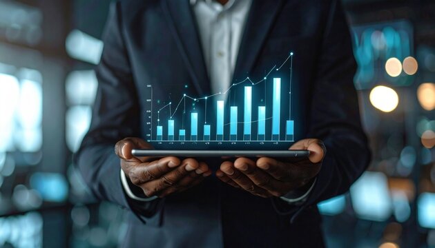Businessman Presenting Growth Chart On Tablet - Powered by Adobe