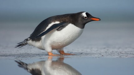 Fototapeta premium Penguin's reflection on slick ice during early morning light