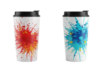Fototapeta premium Two tall coffee cups with vibrant paint splatter designs isolated on transparent background